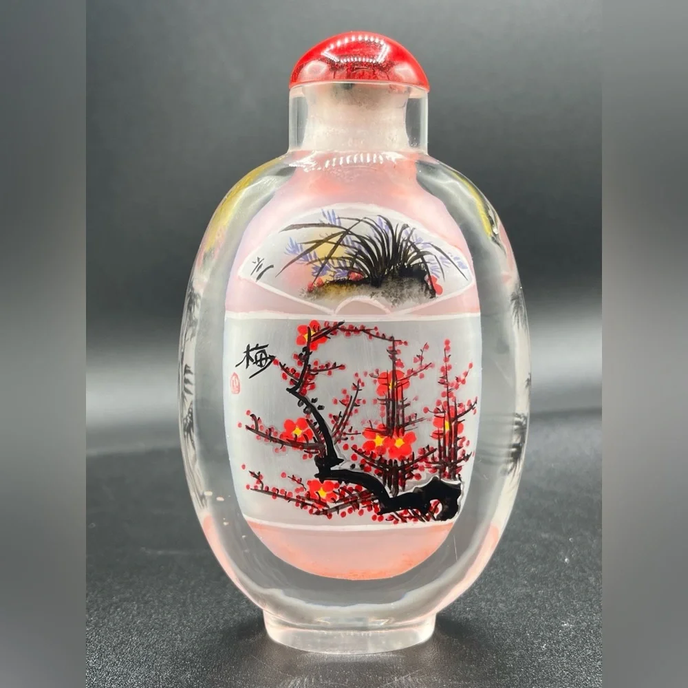 VTG Traditional‎ Chinese Reverse Painted Snuff Bottle Cherry Blossoms 4.5” EUC
